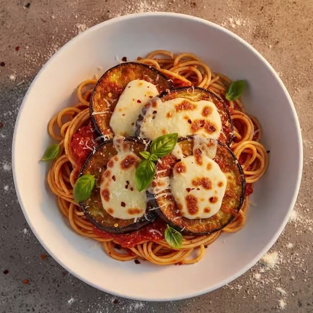 Eggplant Parmesan with Pasta.