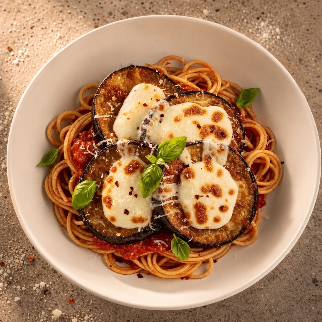 Eggplant Parmesan with Pasta.